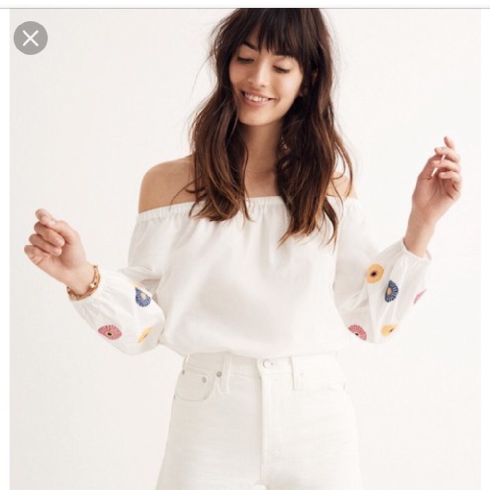 Madewell off-shoulder embroidered A-line top. Super cute for summer!